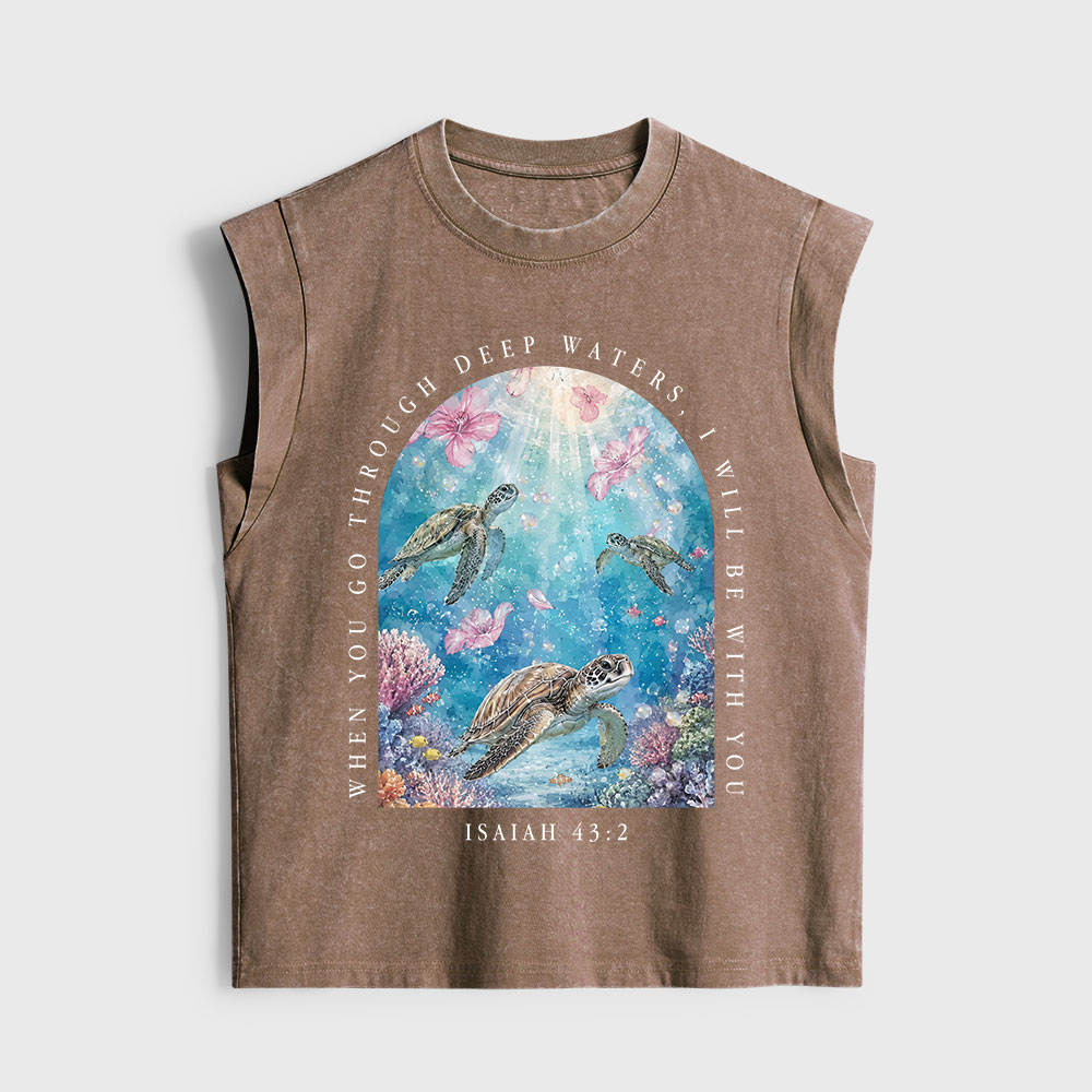 When You Go Through Deep Water I Will Be With You Christian Women's Washed Tank Top