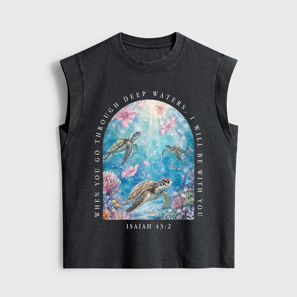 When You Go Through Deep Water I Will Be With You Christian Women's Washed Tank Top