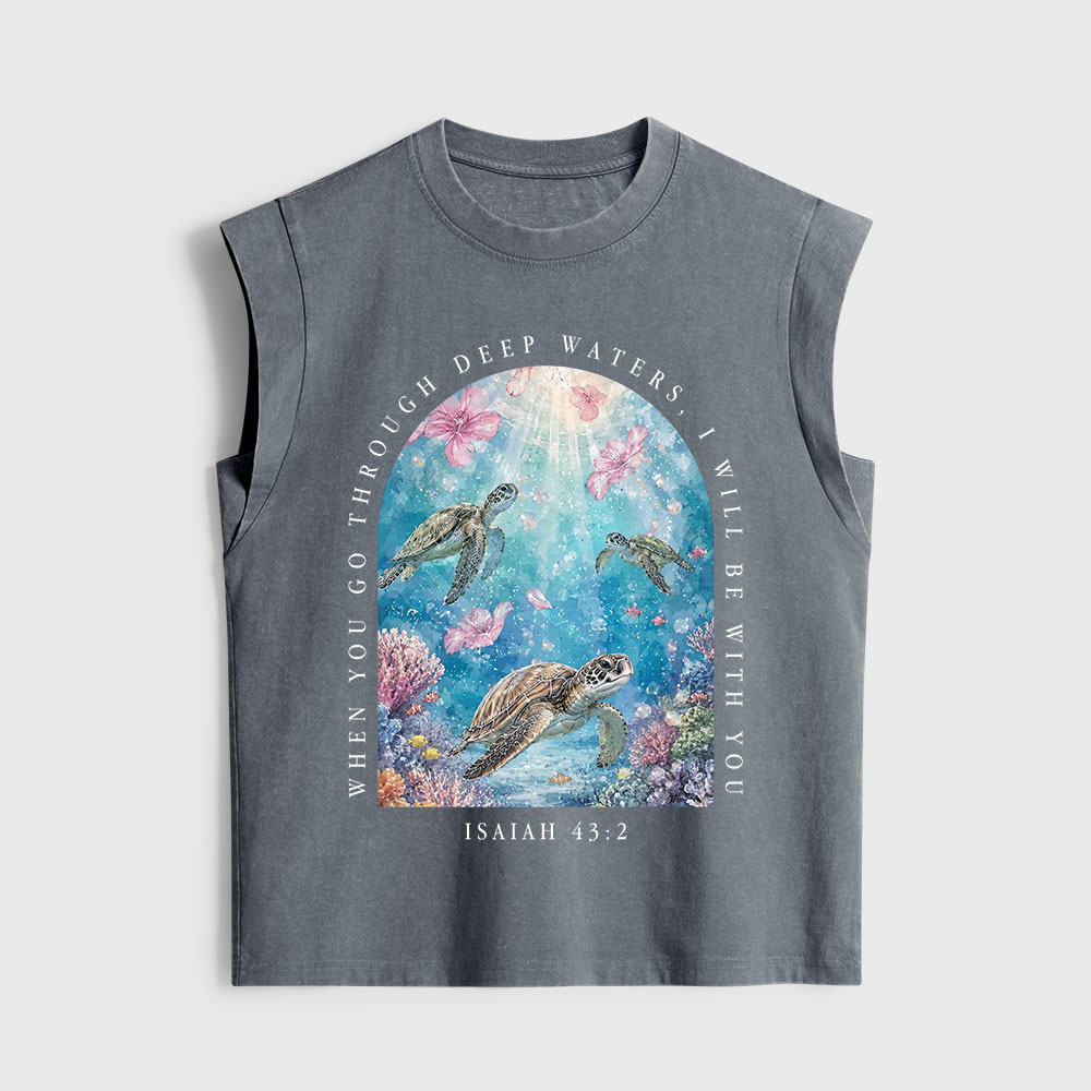 When You Go Through Deep Water I Will Be With You Christian Women's Washed Tank Top