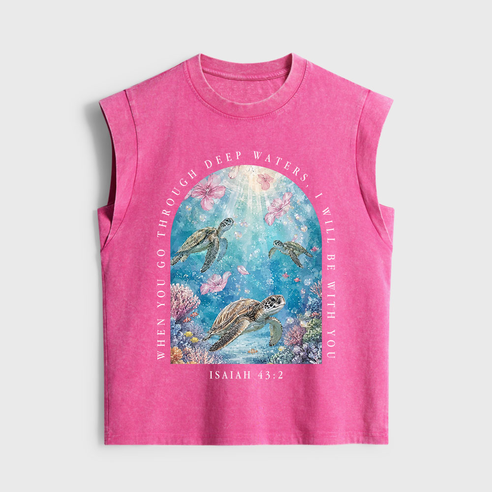 When You Go Through Deep Water I Will Be With You Christian Women's Washed Tank Top