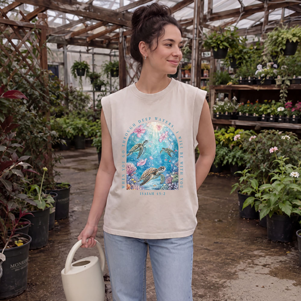 When You Go Through Deep Water I Will Be With You Christian Women's Washed Tank Top