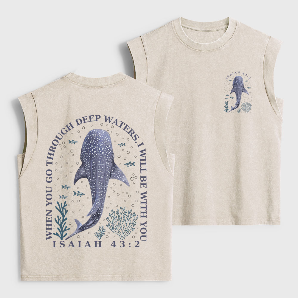 When You Go Through Deep Waters Whale Christian Women's Washed Tank Top