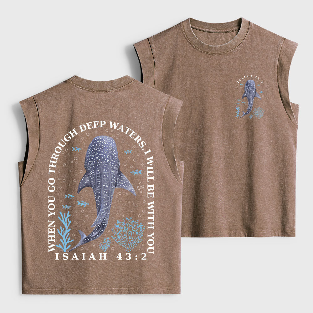 When You Go Through Deep Waters Whale Christian Women's Washed Tank Top