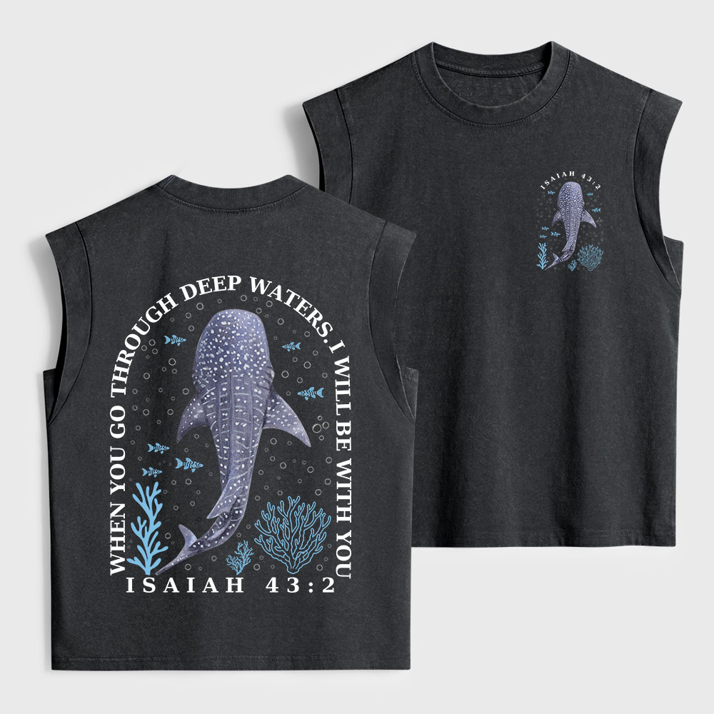 When You Go Through Deep Waters Whale Christian Women's Washed Tank Top