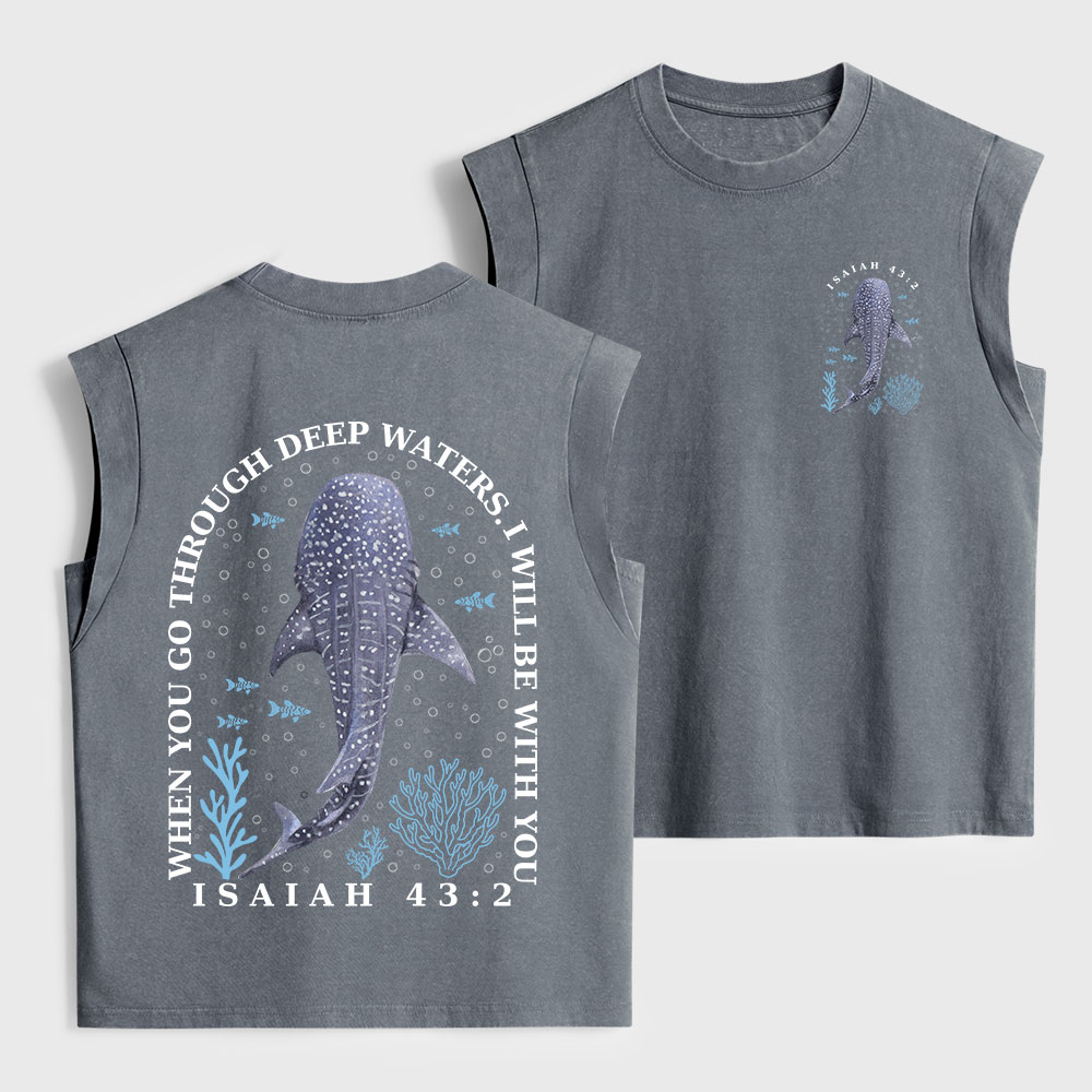 When You Go Through Deep Waters Whale Christian Women's Washed Tank Top