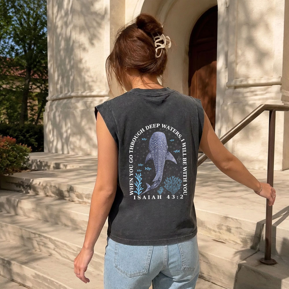 When You Go Through Deep Waters Whale Christian Women's Washed Tank Top