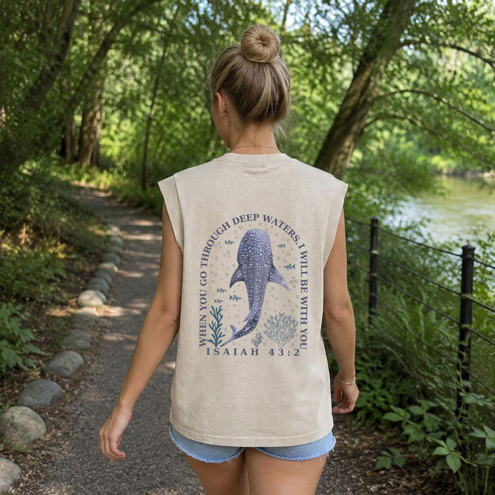 When You Go Through Deep Waters Whale Christian Women's Washed Tank Top