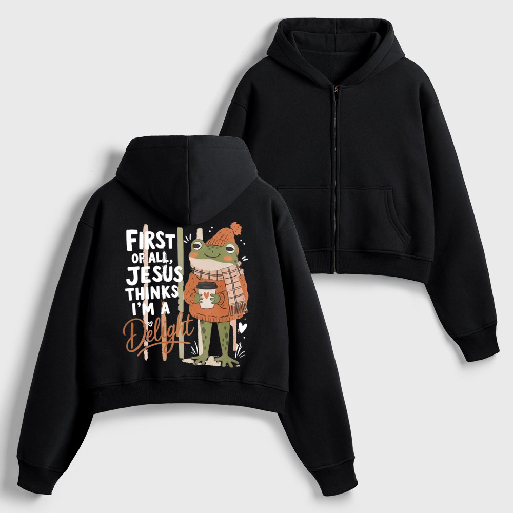 First Of All Jesus Thinks Christian Women's Cropped Zip-Up Hoodie