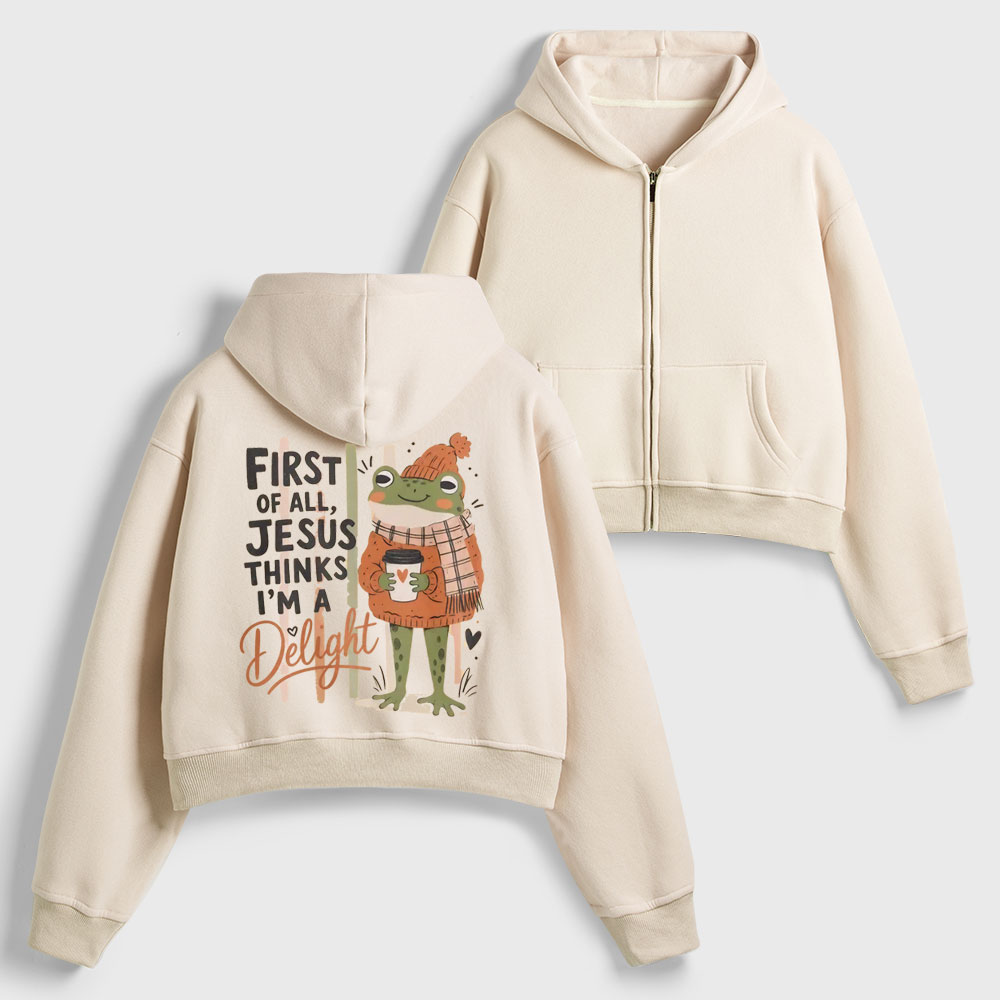 First Of All Jesus Thinks Christian Women's Cropped Zip-Up Hoodie