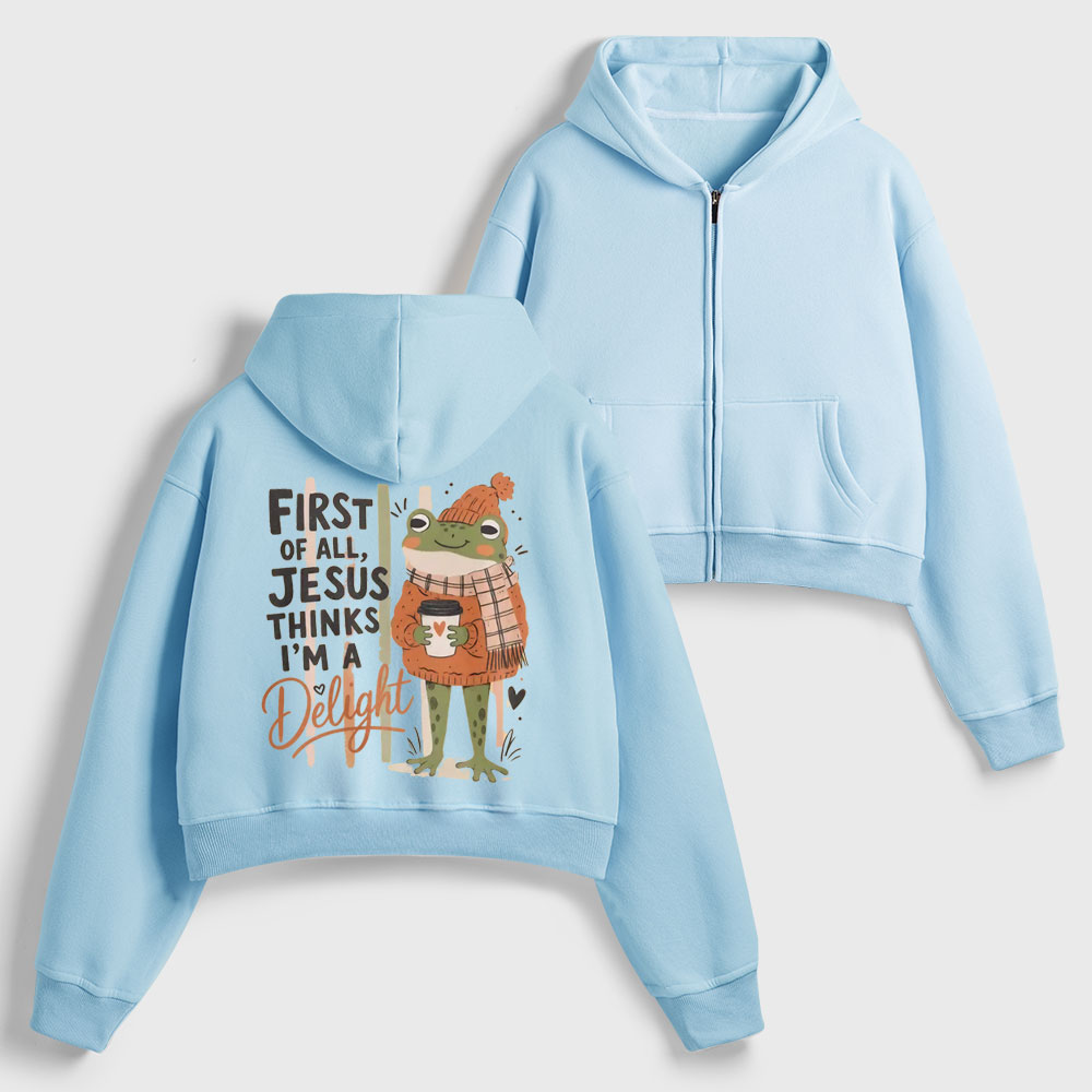 First Of All Jesus Thinks Christian Women's Cropped Zip-Up Hoodie