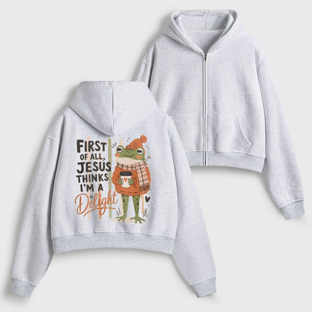 First Of All Jesus Thinks Christian Women's Cropped Zip-Up Hoodie
