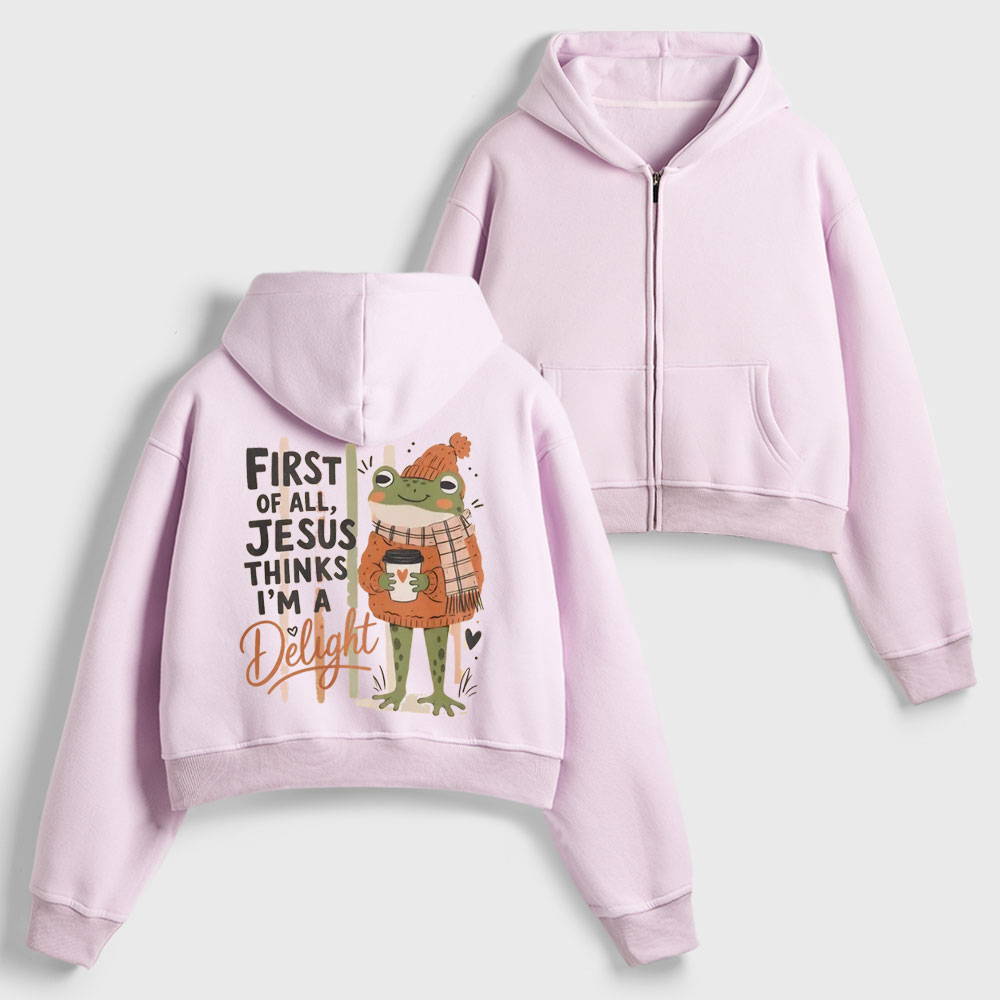 First Of All Jesus Thinks Christian Women's Cropped Zip-Up Hoodie