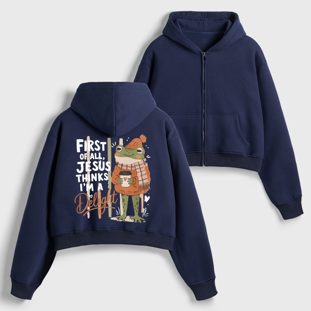 First Of All Jesus Thinks Christian Women's Cropped Zip-Up Hoodie