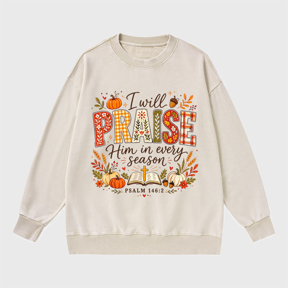 I Will Praise Him In Every Season Christian Washed Sweatshirt