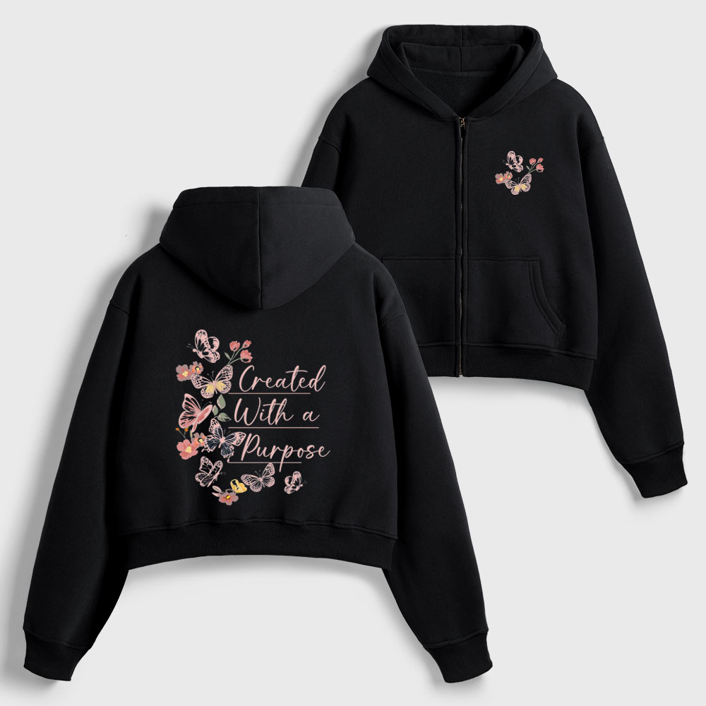 Created With A Purpose Christian Women's Cropped Zip-Up Hoddie