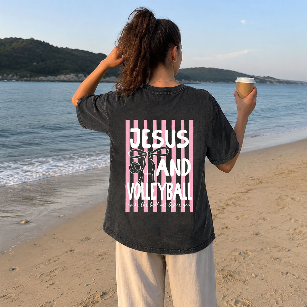 Jesus And Volleyball Christian Washed T-Shirt DB- Christian Washed T-Shirt