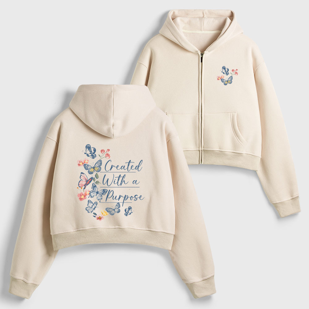 Created With A Purpose Christian Women's Cropped Zip-Up Hoddie