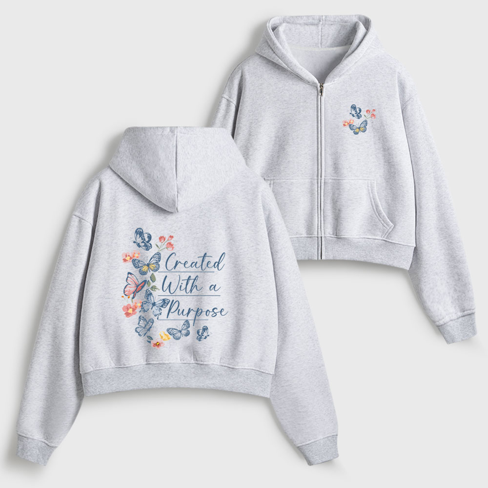 Created With A Purpose Christian Women's Cropped Zip-Up Hoddie