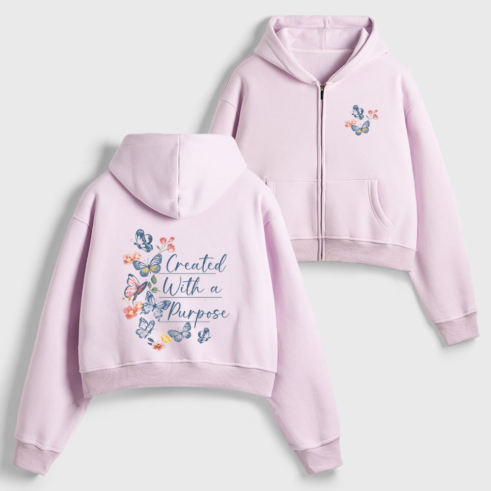 Created With A Purpose Christian Women's Cropped Zip-Up Hoddie