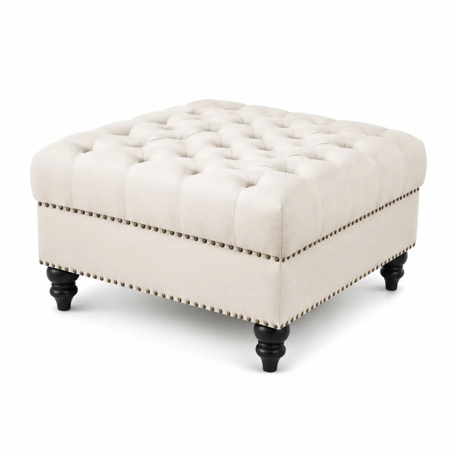 Quadratischer Ottoman Samt Beige Holzbeine