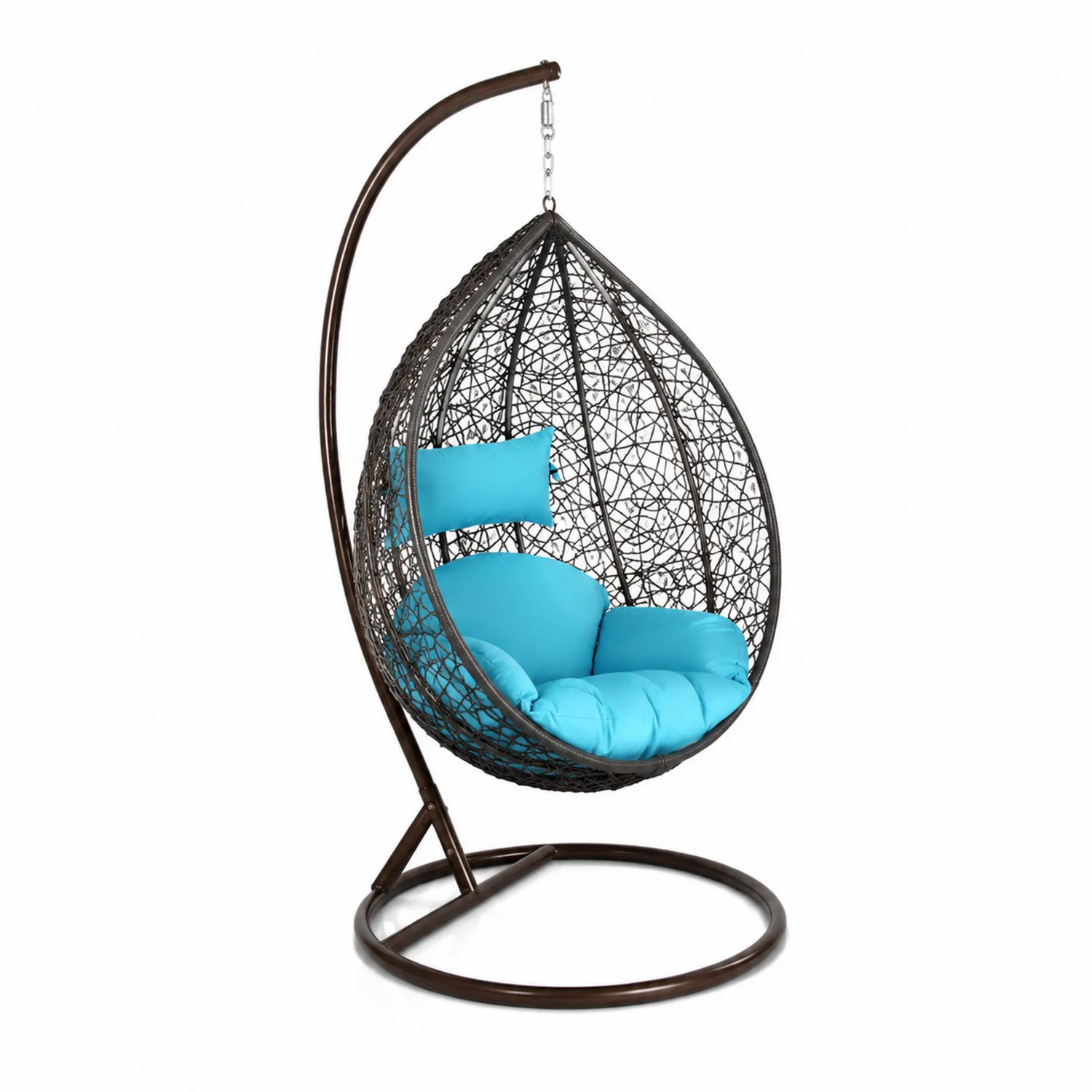 Hängesessel aus Rattan mit Stahlgestell und blauen Kissen, Gesamthöhe 195 cm