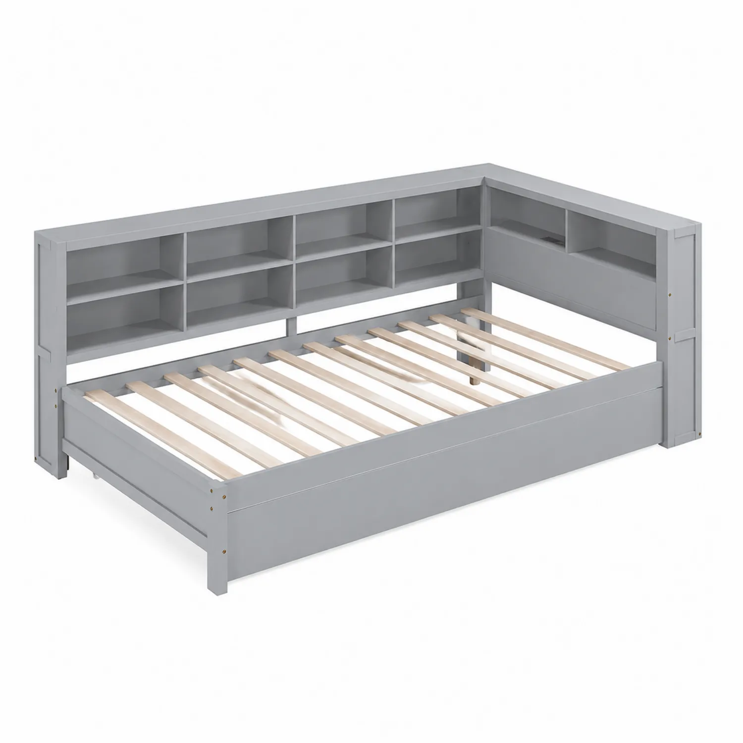 Eck-Tagesbett aus Massivholz mit Regalen Grau 200x90cm