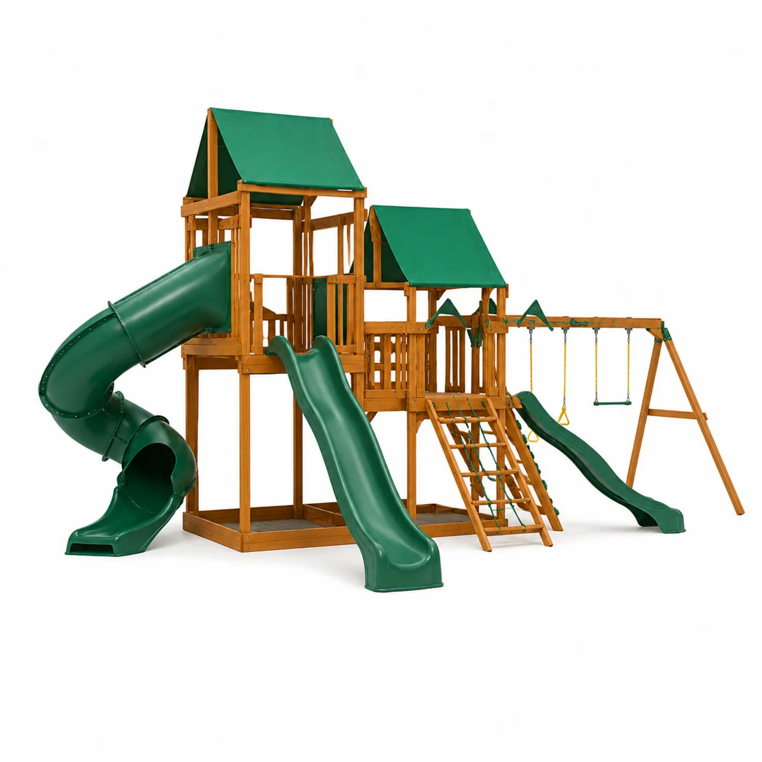 Holzspielplatz mit Schaukel, Rutschen und Klettergerüst Grün