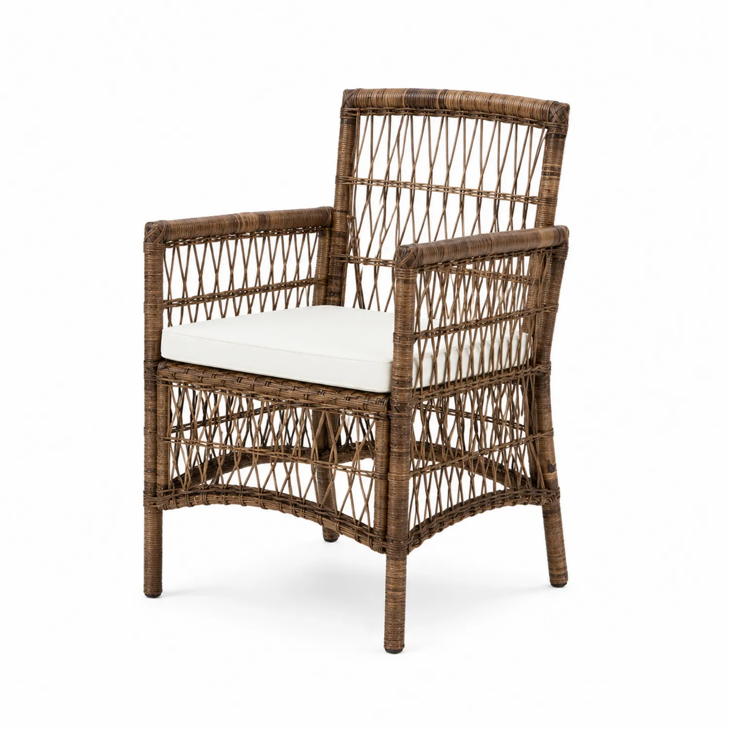 Gartenstuhl aus Polyrattan mit Armlehnen und abnehmbarem Kissen, Braun