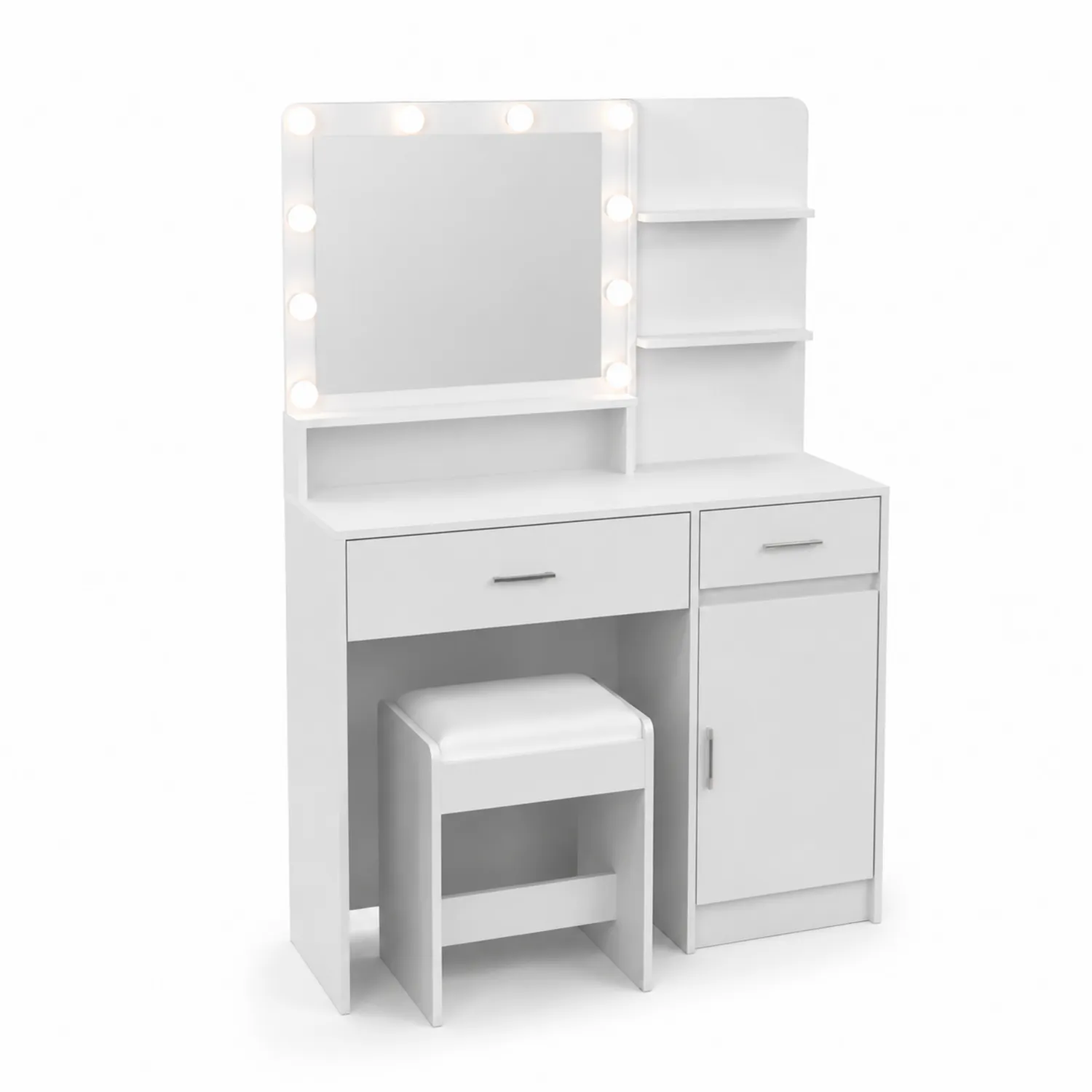 Weißer MDF-Schminktisch mit Spiegelbeleuchtung und Hocker