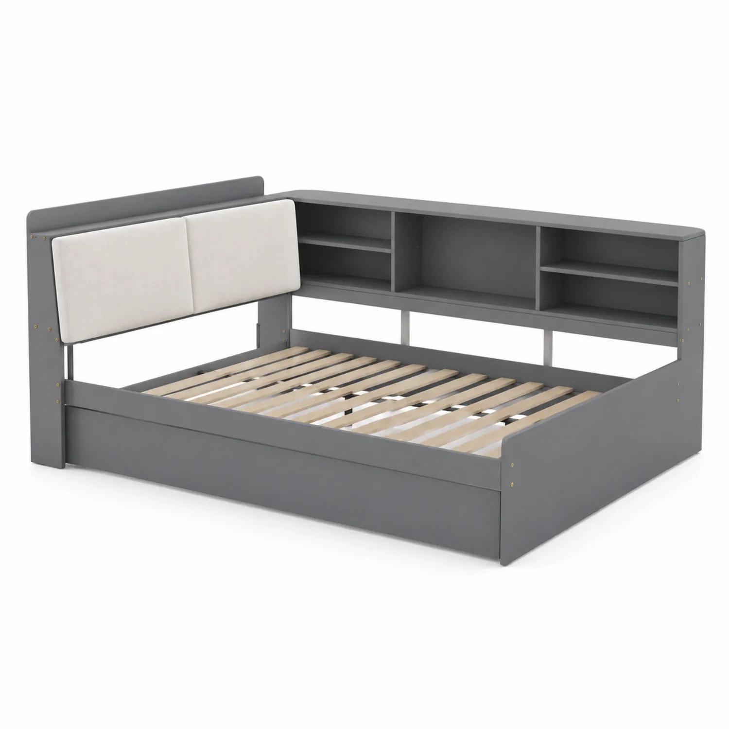 Graues Tagesbett mit Regal und gepolstertem Kopfteil 200x90 cm MDF-Holz und Polyestergewebe