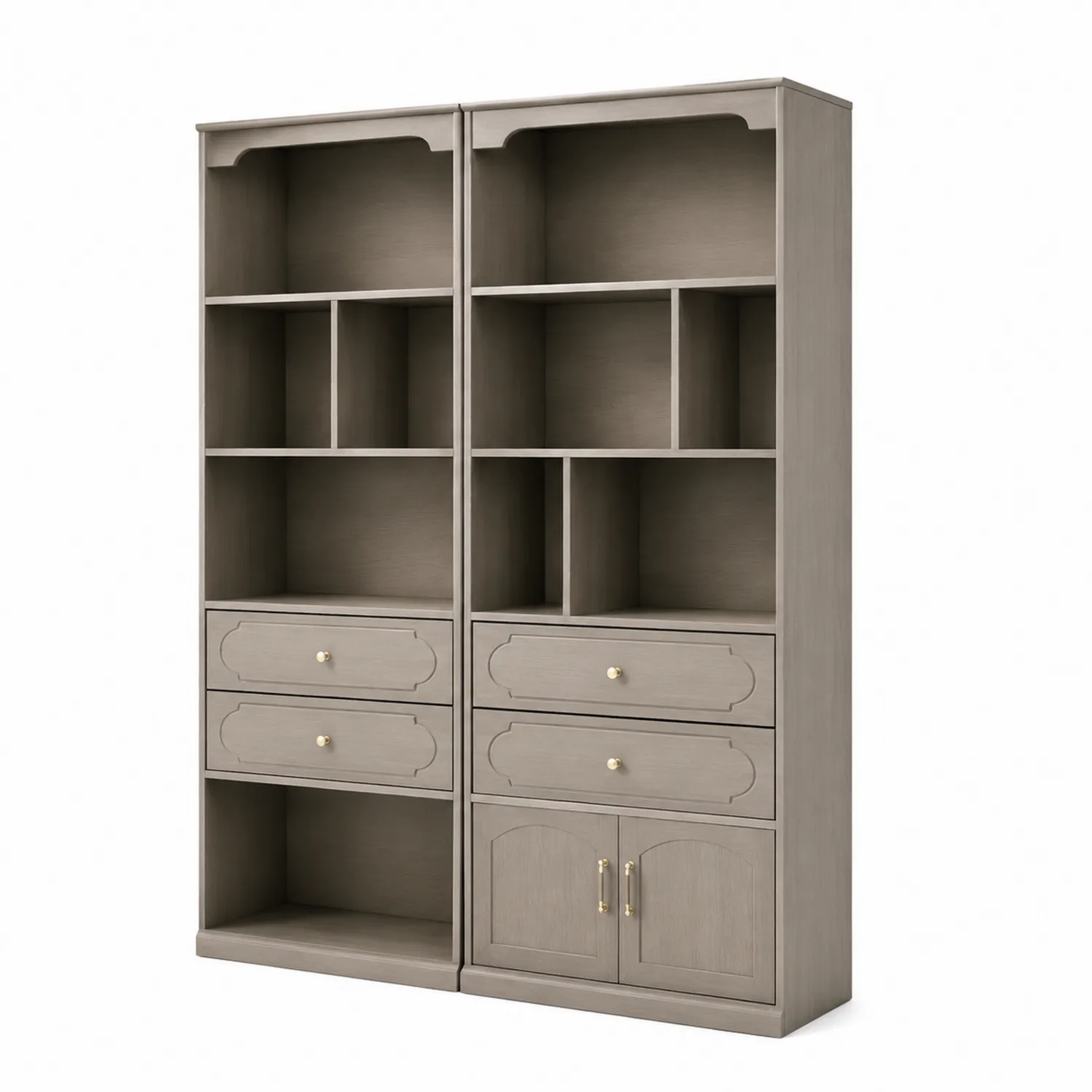 Holz Bücherregal Set mit Fächern und Schubladen Grau