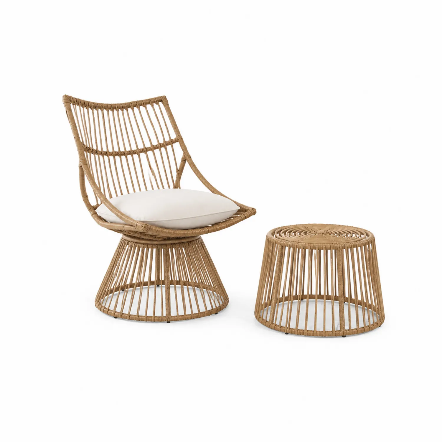 Outdoor Rattan-Set: Stuhl und Hocker mit Kissen Beige