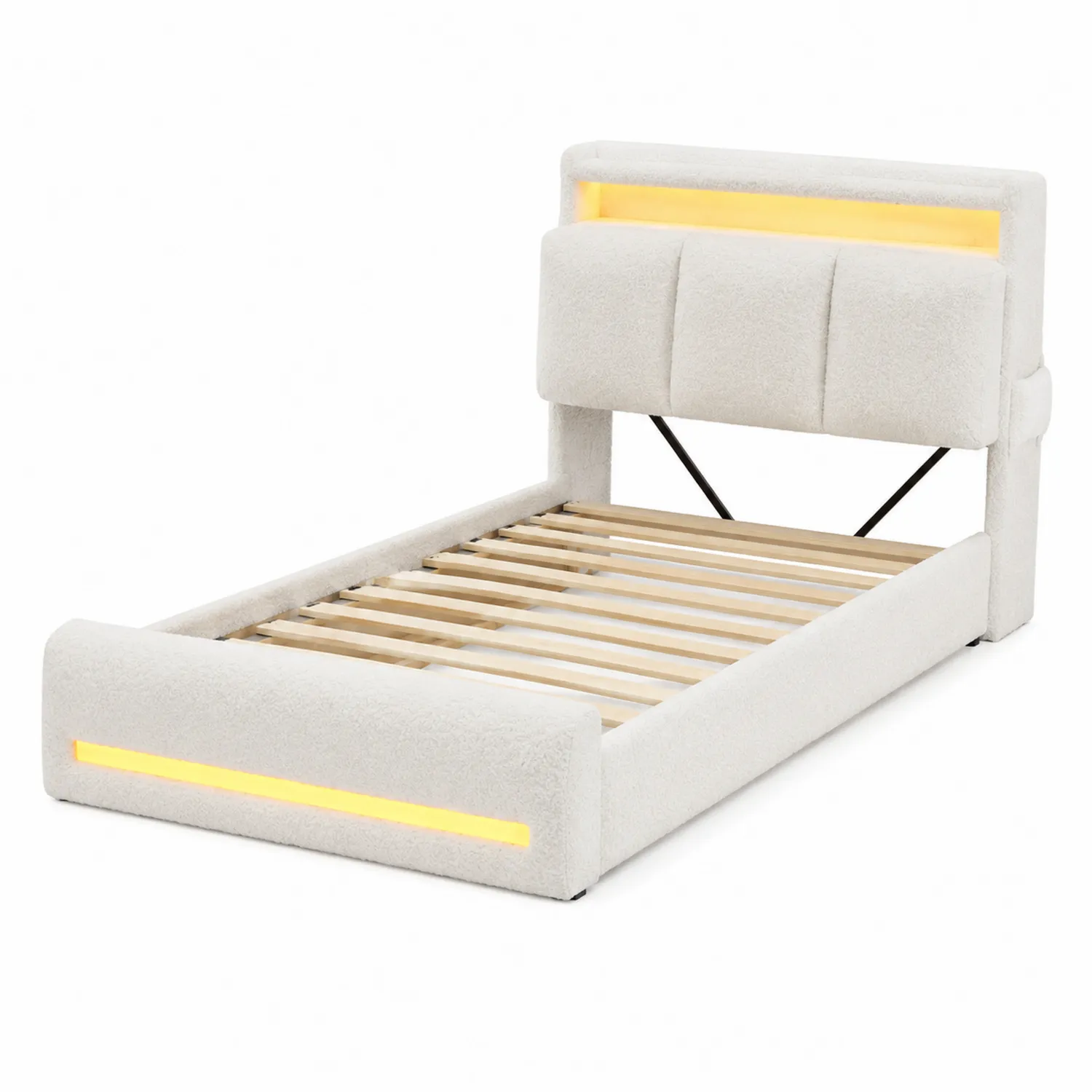 Stoffbett mit LED-Beleuchtung, Einzelbett 90x200 cm, Weiß