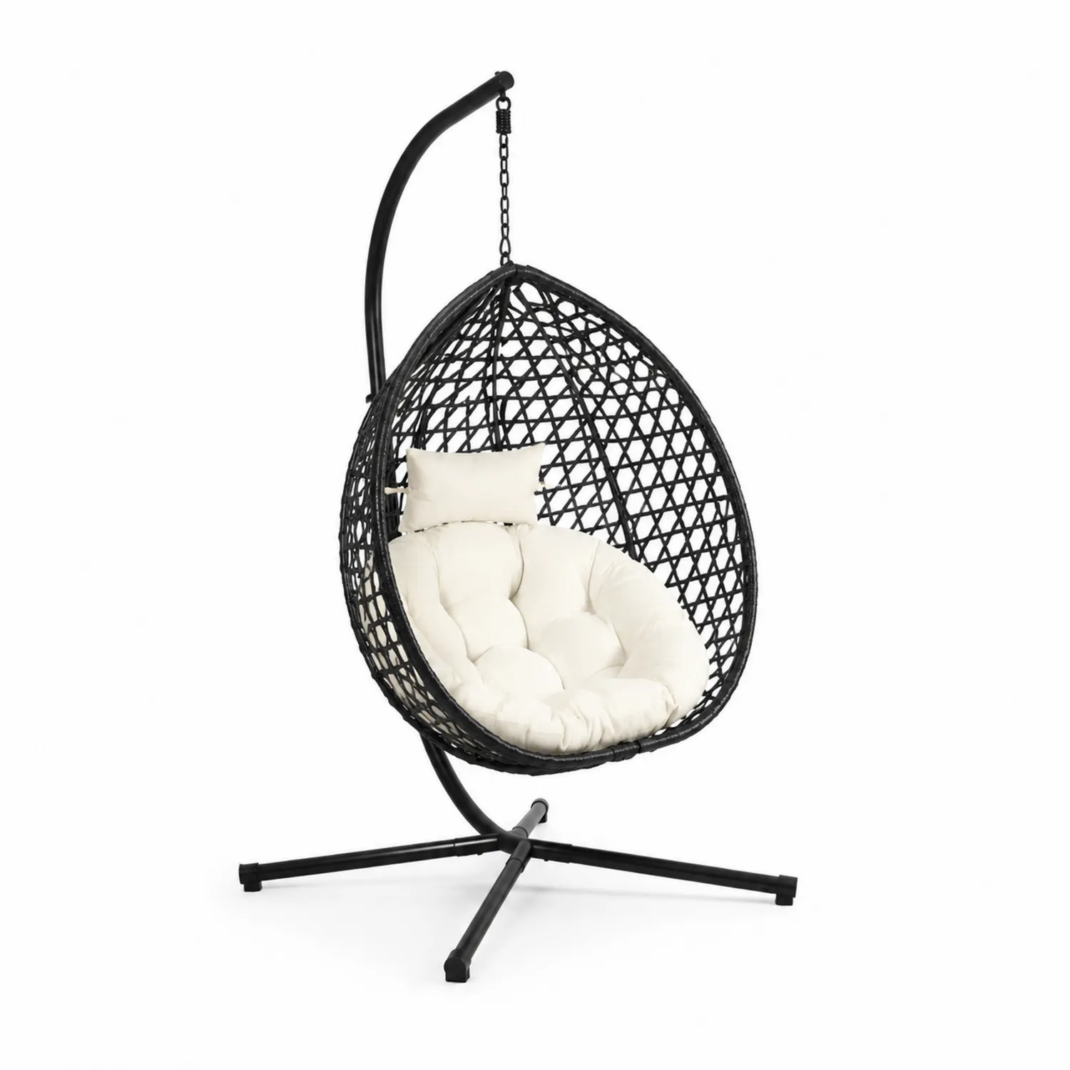 Hängesessel Ei-Form Rattan Stahl Schwarz/Beige