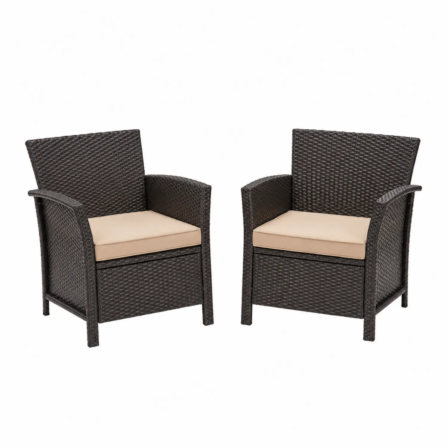 2er-Set Rattan-Stühle für den Außenbereich mit Kissen, Polyethylen Dunkelbraun/Beige