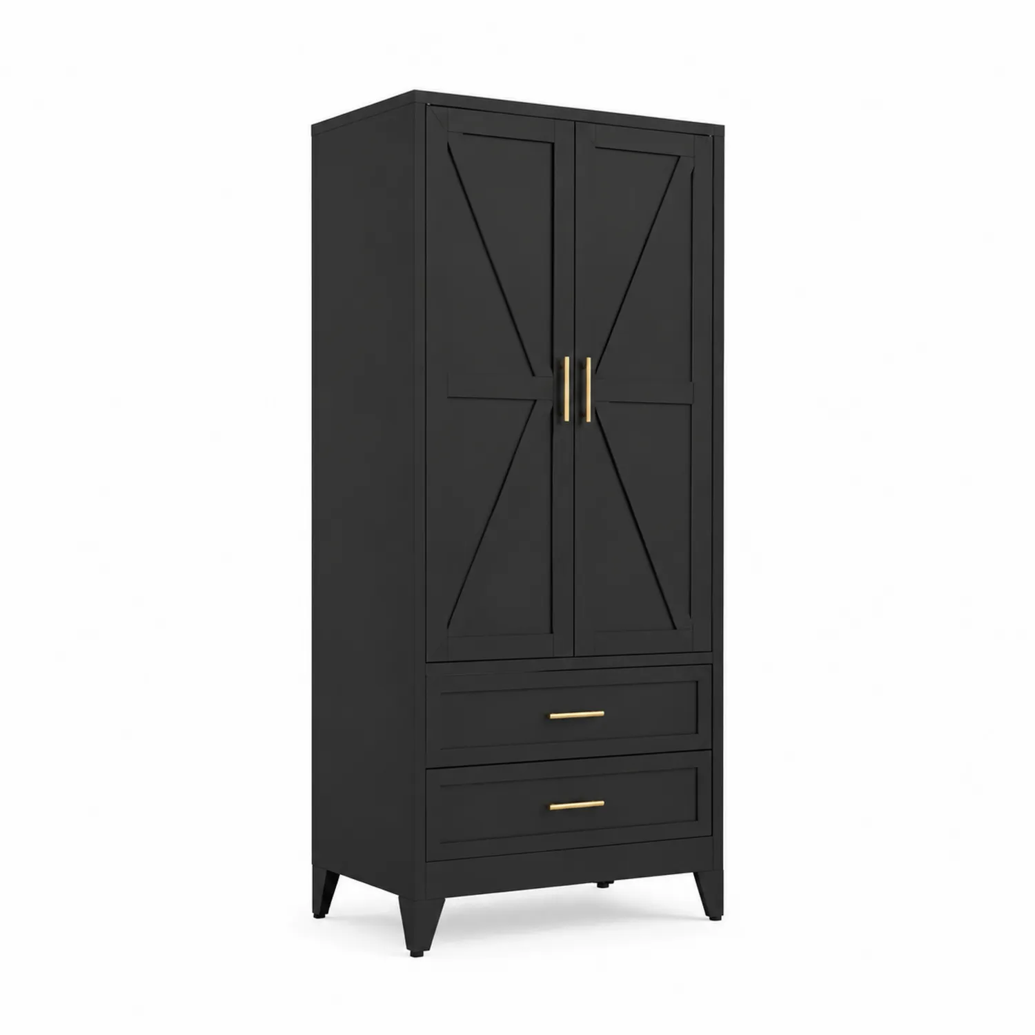 Schwarzer Kleiderschrank aus MDF-Holz mit Türen und Schubladen, 200 cm hoch