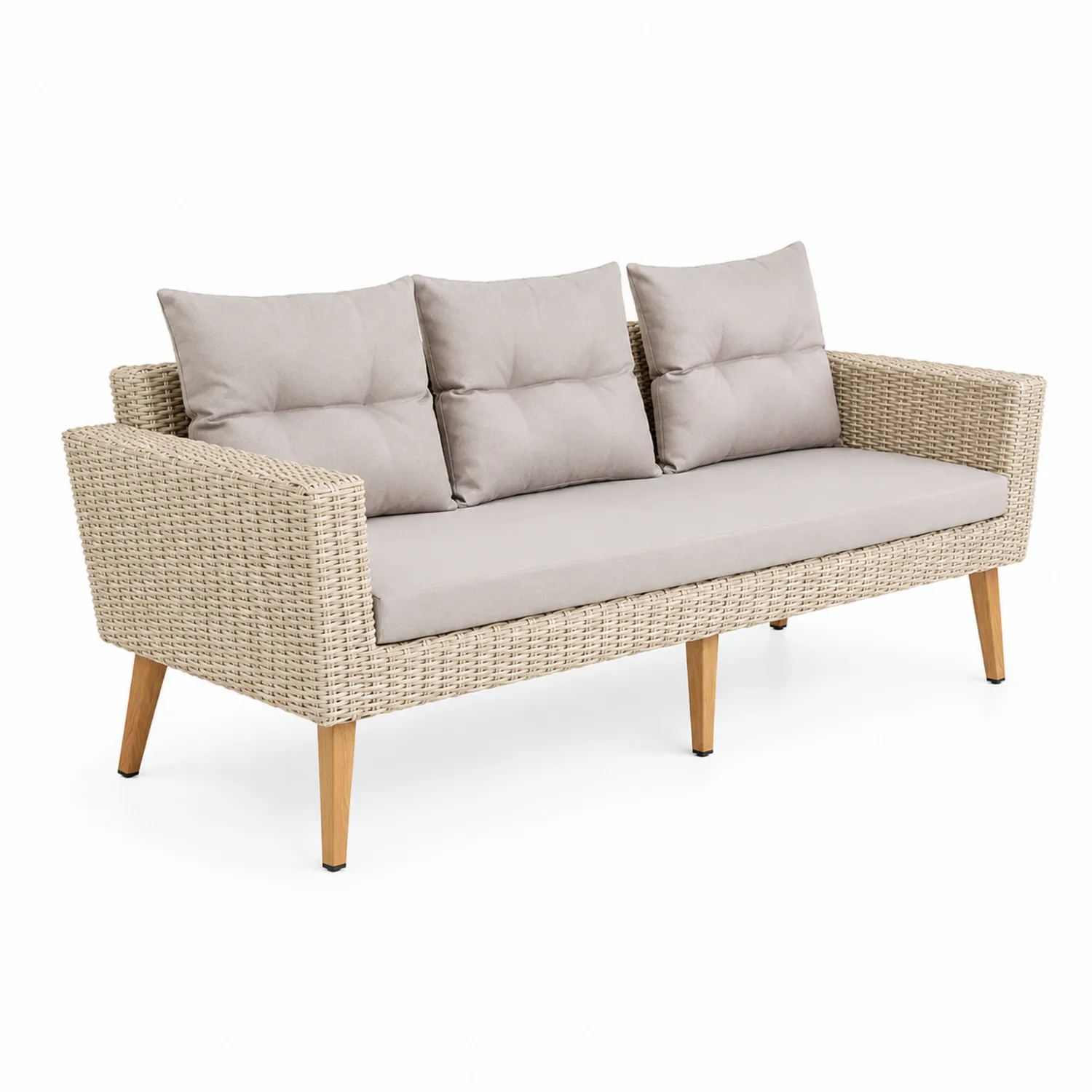 3-Sitzer Sofa Polyethylen-Geflecht Beige mit Holzbeinen