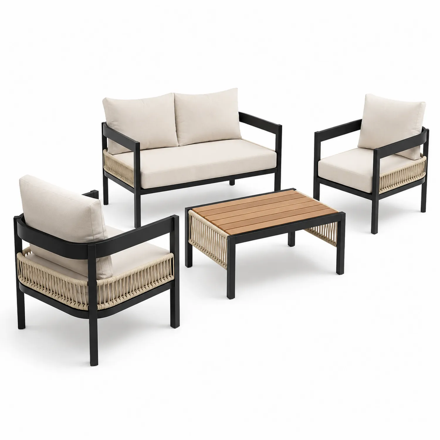 4-teiliges Garten-Sofa-Set Aluminium Teakholz Beige/Schwarz