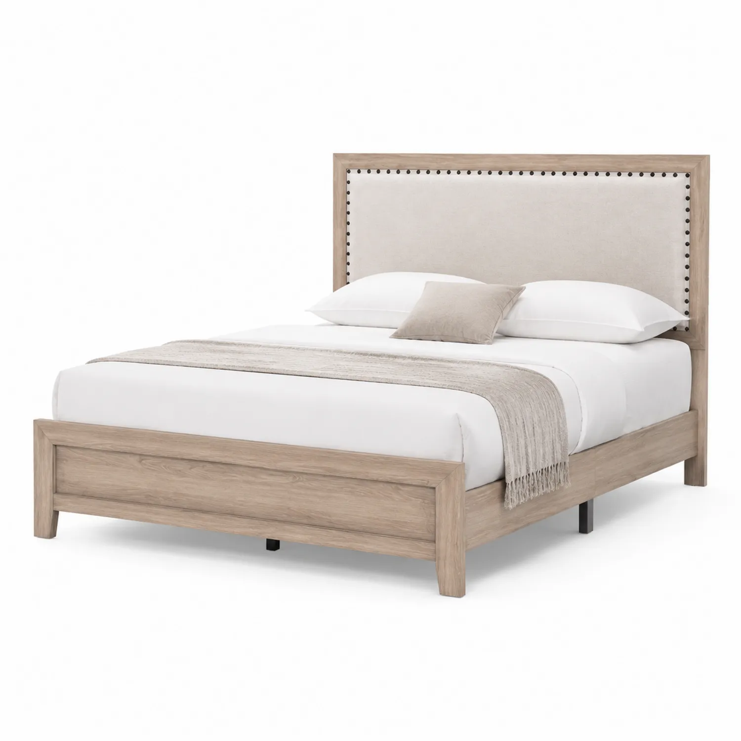 Letto matrimoniale legno beige con testiera in tessuto