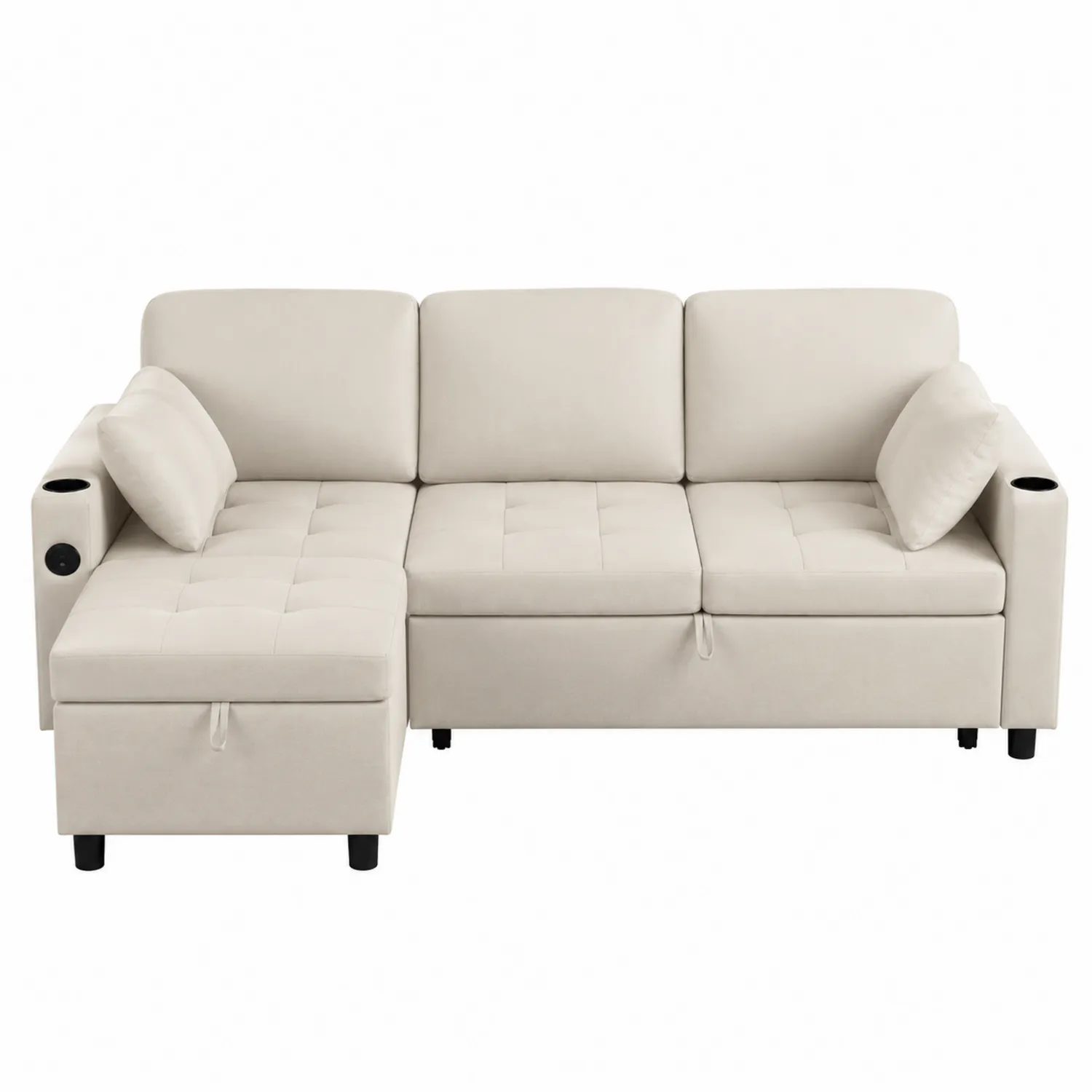 Divano angolare in pelle sintetica beige con portabicchieri