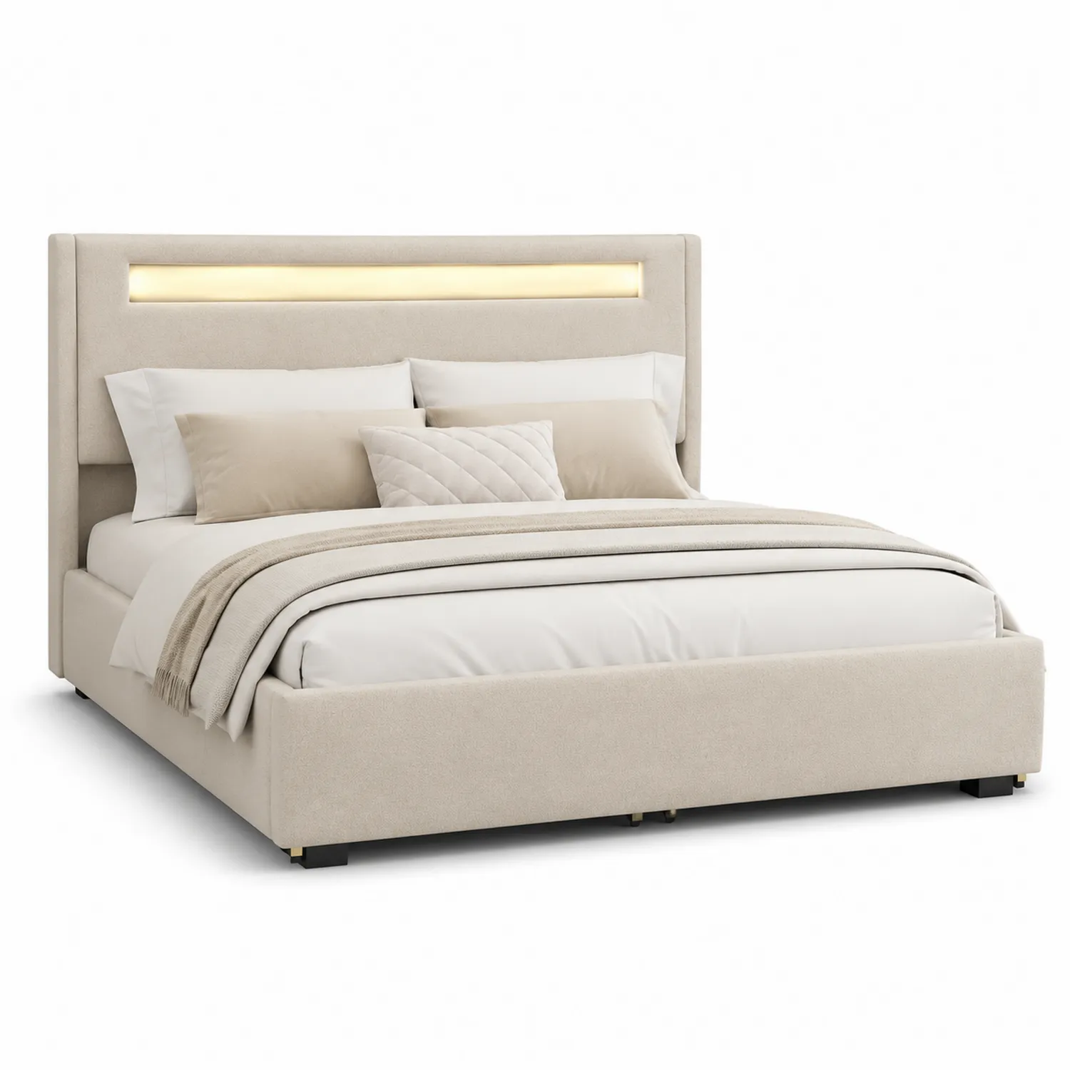 Letto matrimoniale con rivestimento in tessuto beige e testiera con LED integrato