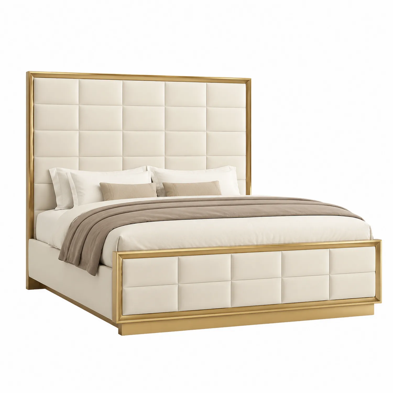 Letto Matrimoniale in Pelle PU con Struttura in Metallo, 200x160 cm, Beige/Oro