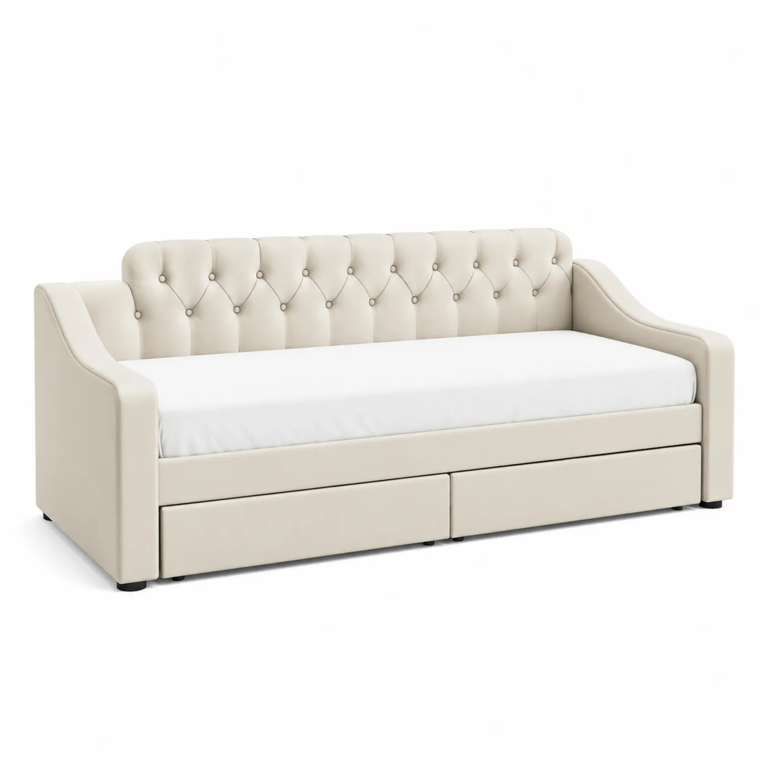 Divano letto in pelle sintetica beige con cassetti