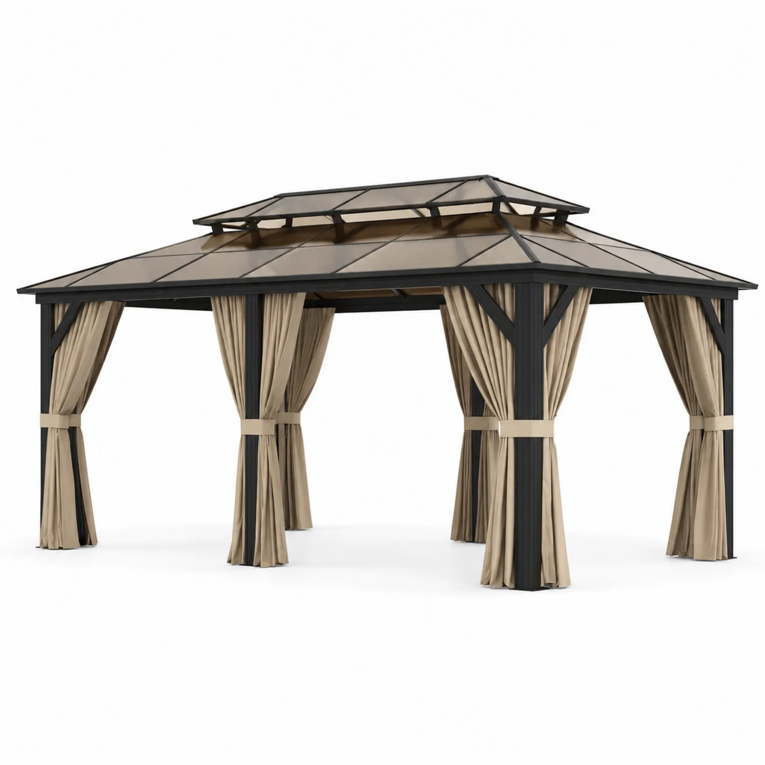 Gazebo in Alluminio con Tetto in Policarbonato e Tende in Poliestere Beige