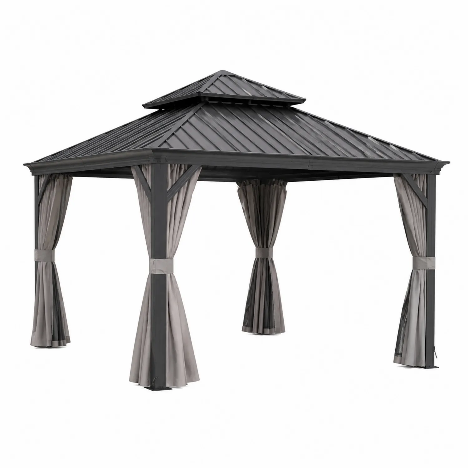 Gazebo in Metallo con Tetto Rinforzato e Tende in Poliestere Grigio