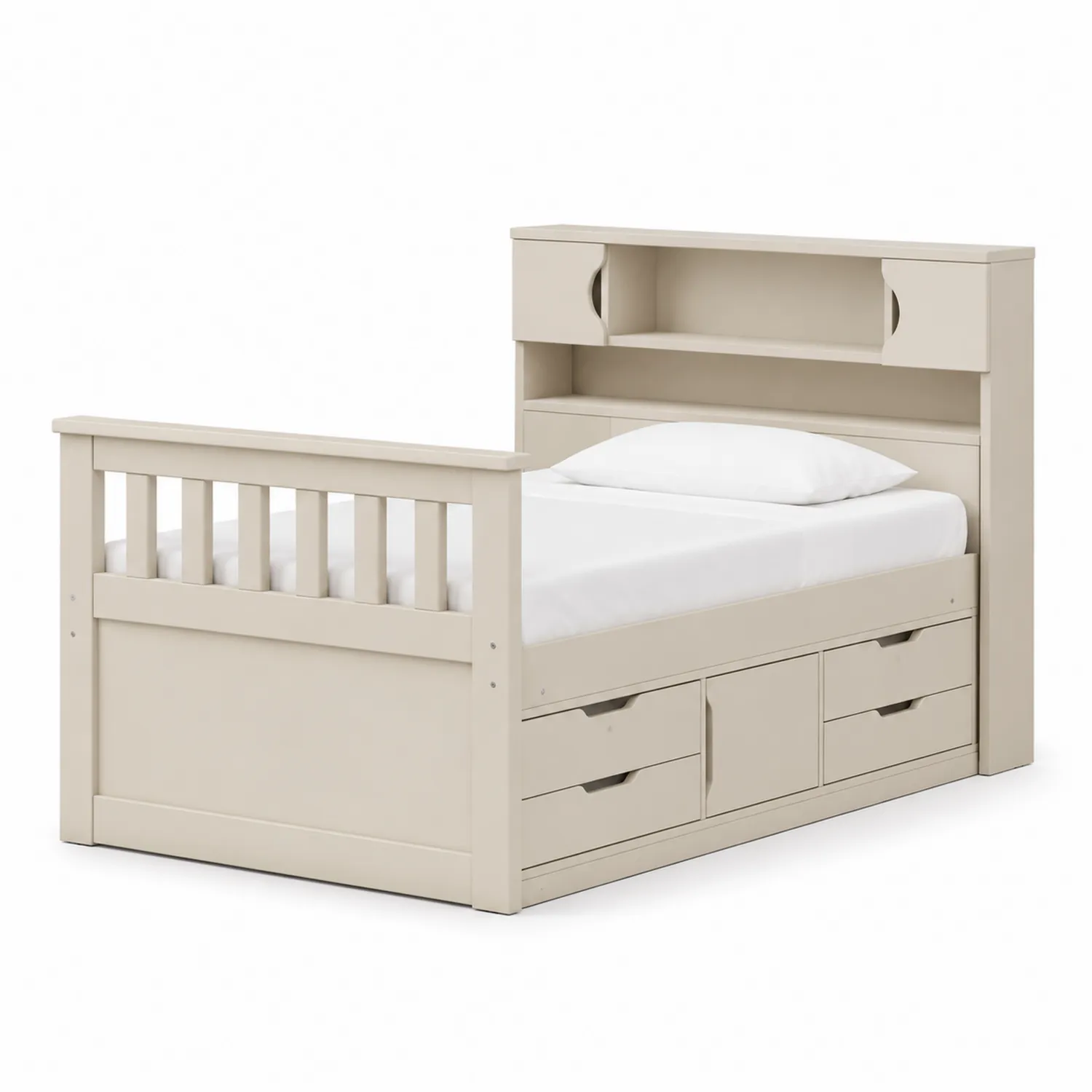 Letto Singolo in Legno MDF con Libreria e Cassetti, 195x100x120 cm, Beige