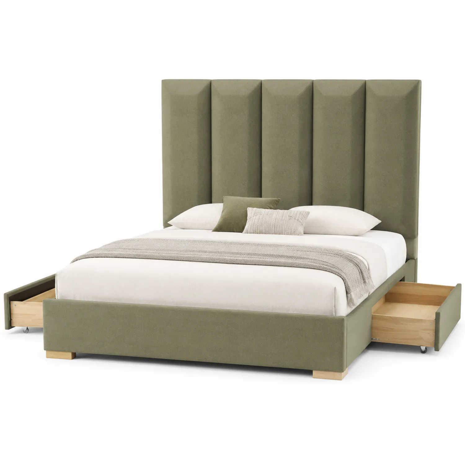Letto contenitore matrimoniale con testiera in tessuto verde