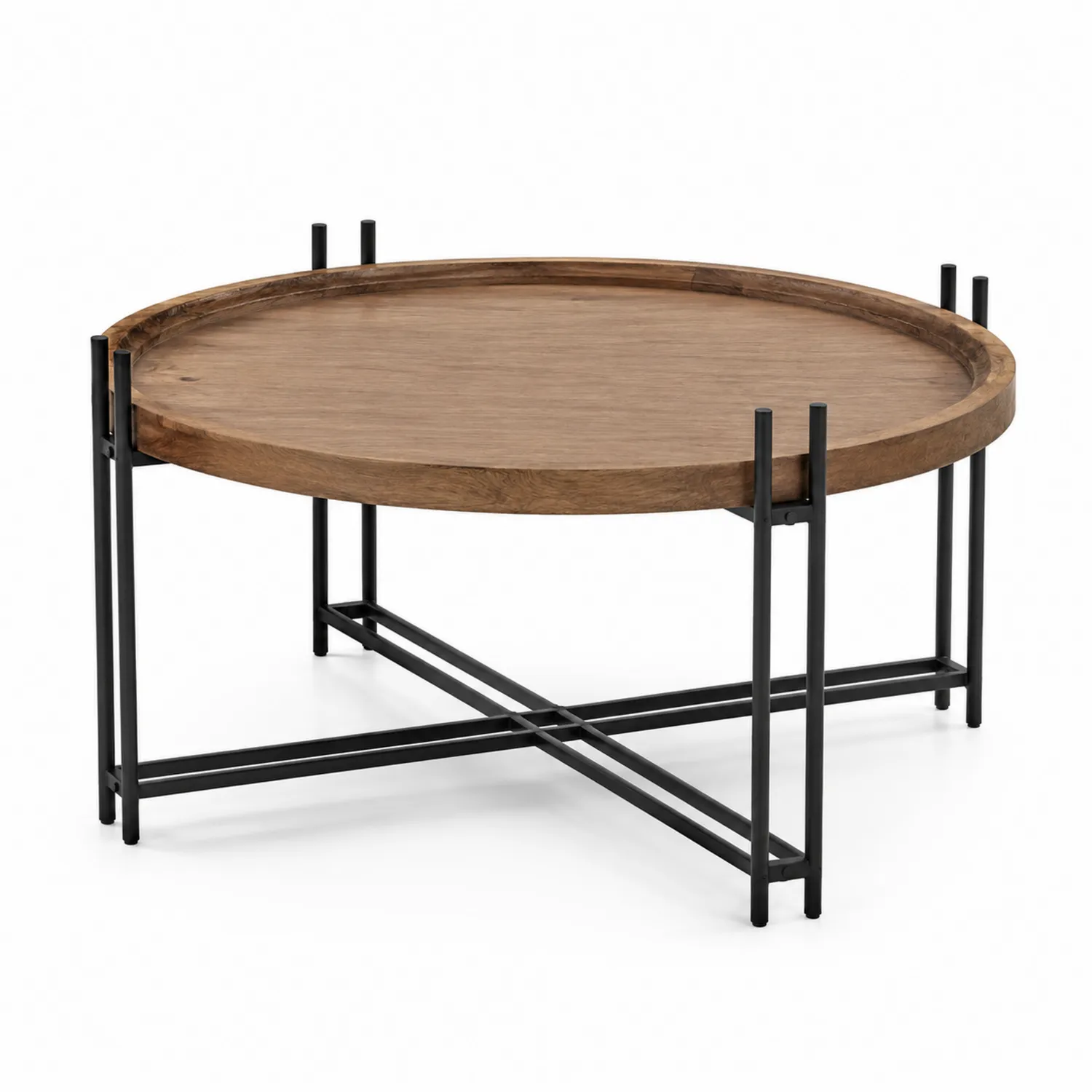 Tavolino Rotondo in Legno di Quercia e Acciaio Nero Ø90 cm