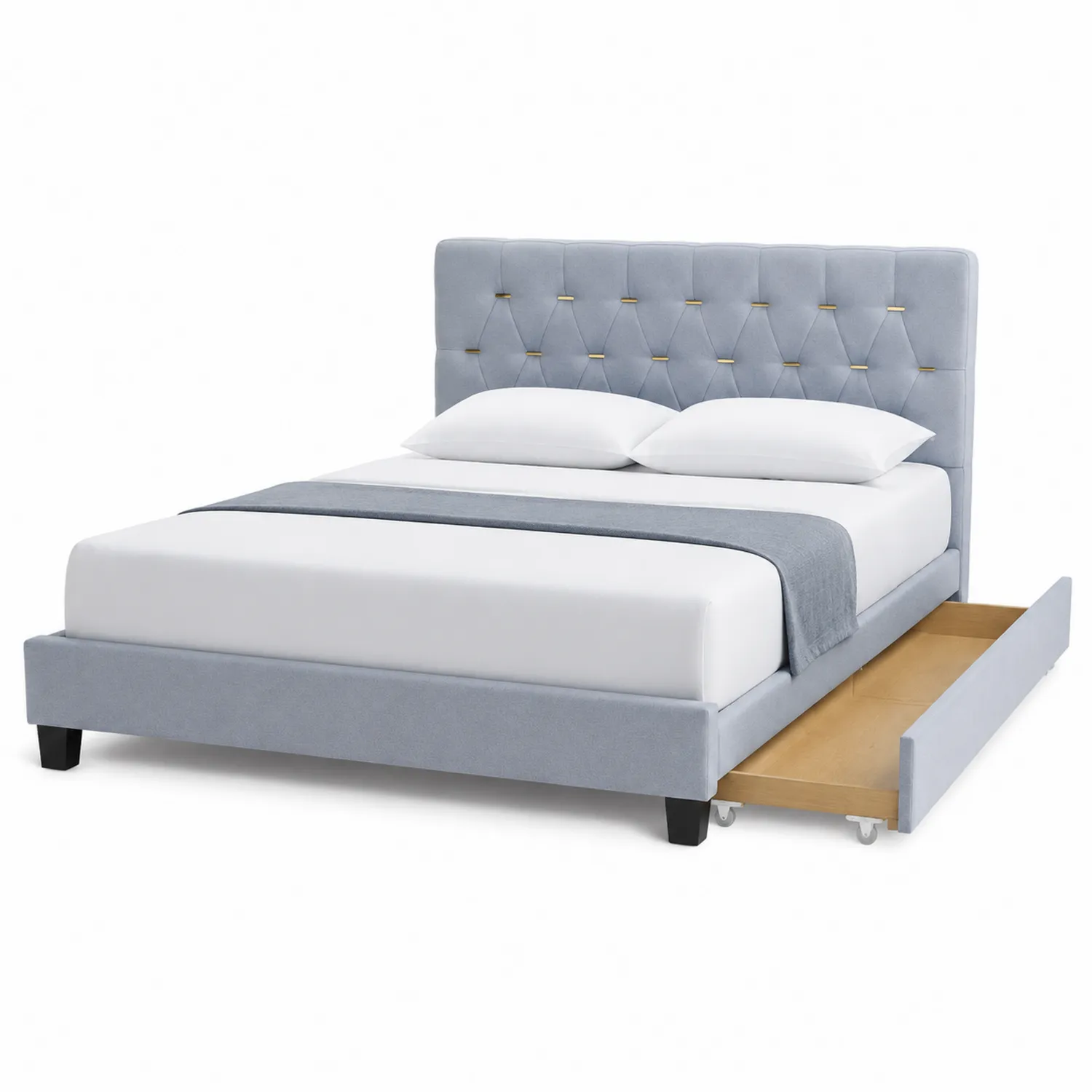 Letto matrimoniale in tessuto grigio con cassetto estraibile