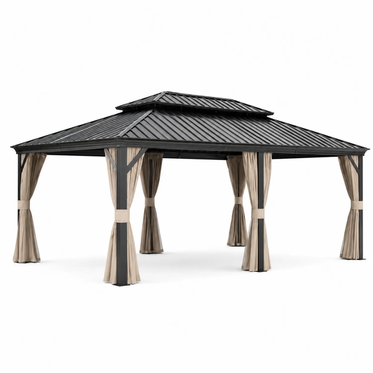 Gazebo da giardino in alluminio nero con tende in poliestere beige